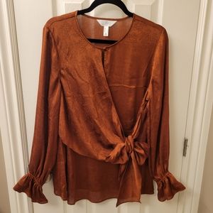 3/$30 Copper metallic blouse with ruffle and faux wrap Sz X